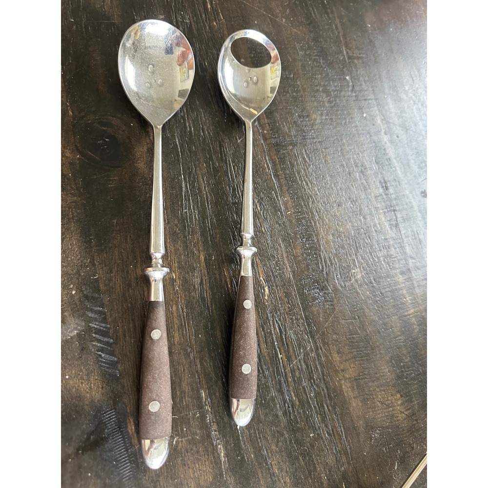 Vintage Gallo Rostfrei Salad Serving Set Stainless Steel Brown Riveted Handles